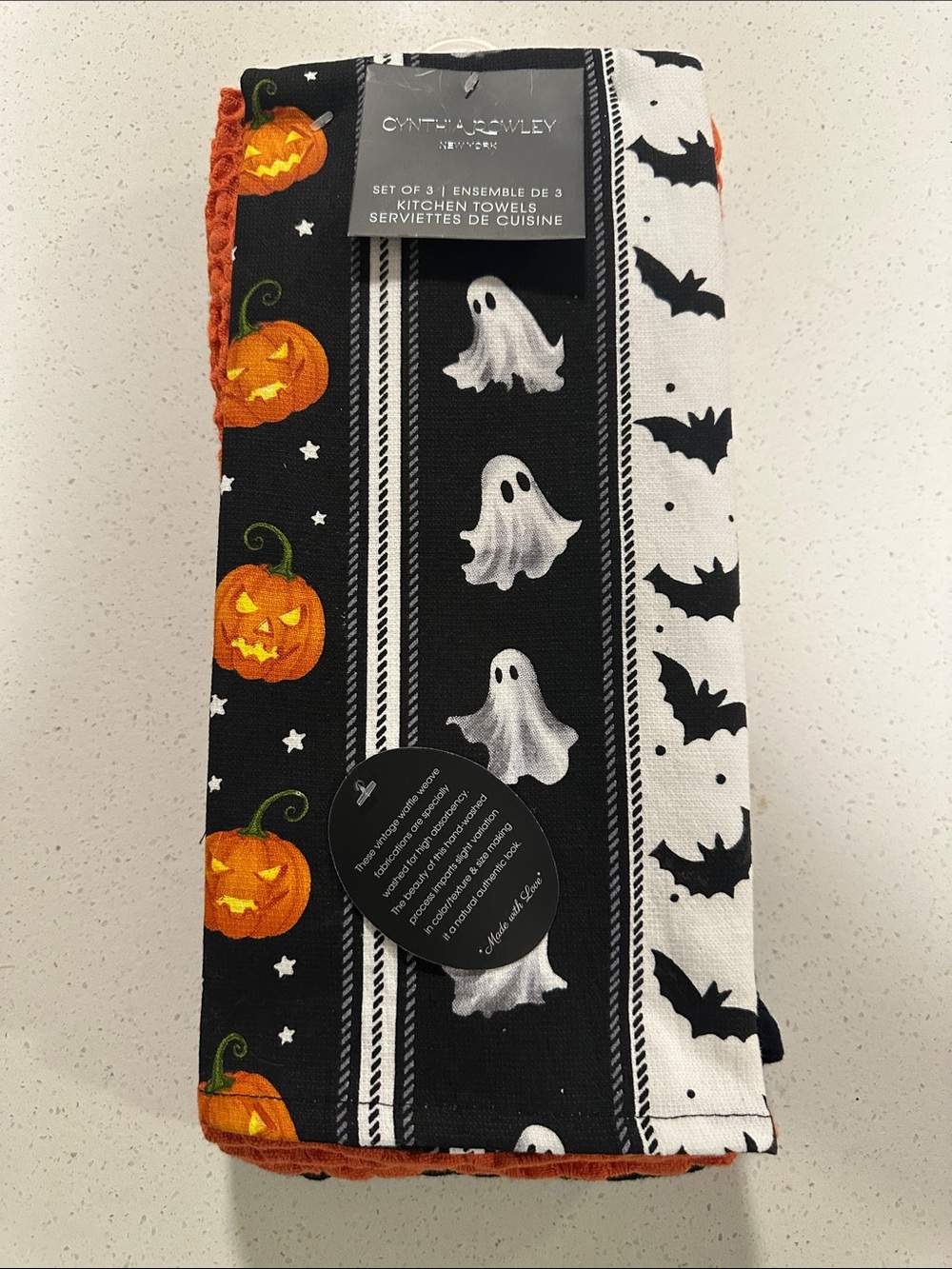 Cynthia Rowley Black &Orange Halloween Towel Set with Ghosts,Pumpkins & Bats,NWT